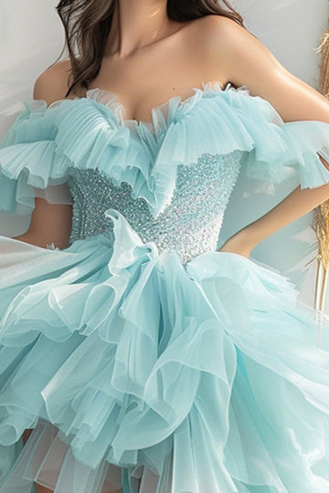 Sparkly Light Green A Line Off the Shoulder Beaded Short Cocktail Dress